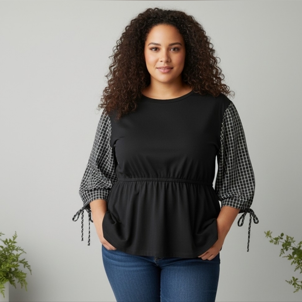 Eloquii Cotton Shirt Elastic Waist Blouse Gingham Sleeves Black White Size 14-16
